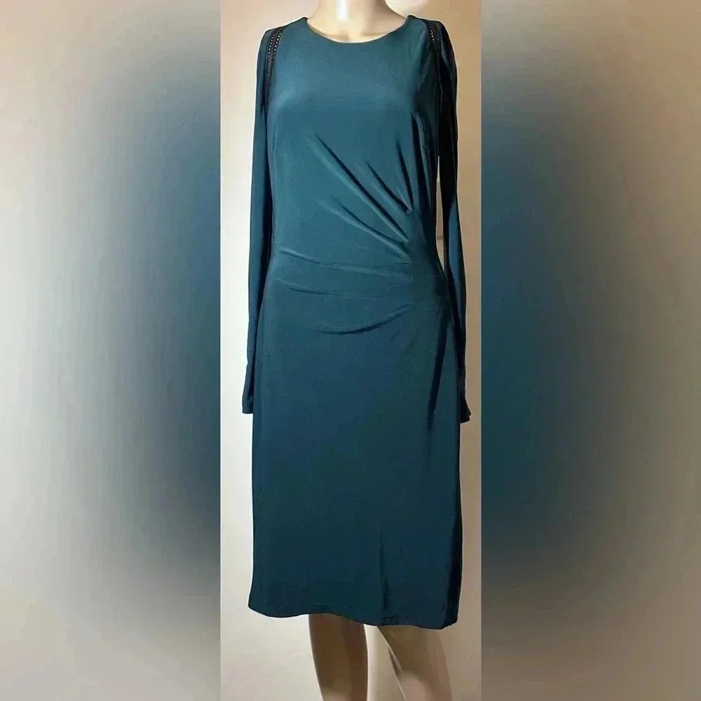 Lauren Ralph Lauren Ruched long sleeve Hunter green cocktail midi dress size 8